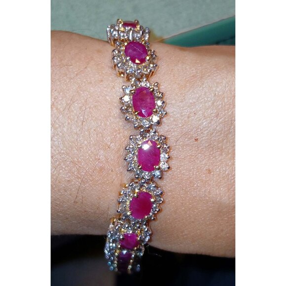 Natural Ruby & Diamond 14K Solid Yellow Gold over 14K Solid White Gold Bracelet - Picture 12 of 13
